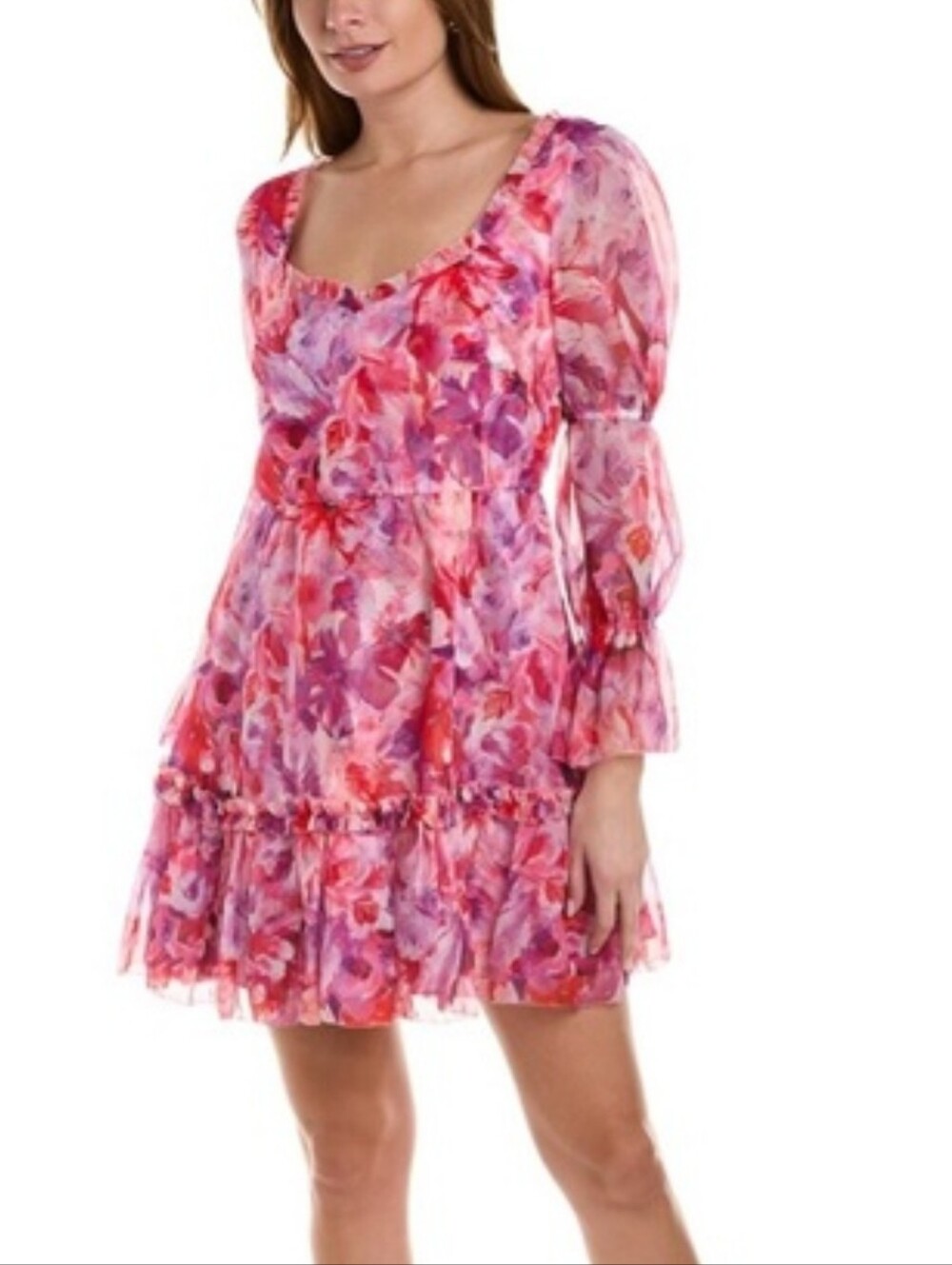Marchesa Notte Floral Chiffon Ruffle Mini Dress In Pink Multicolor Size 8 NWT